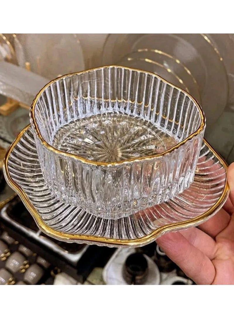 Gold-rimmed ribbed dessert set, perfect for muhallebi, qamar al-din, and rice pudding. Also suitable for fruits, nuts, sweets, and salads. The plates can be used for pickles and cakes. Set includes 12 pieces: 6 bowls + 6 plates. - Image 2